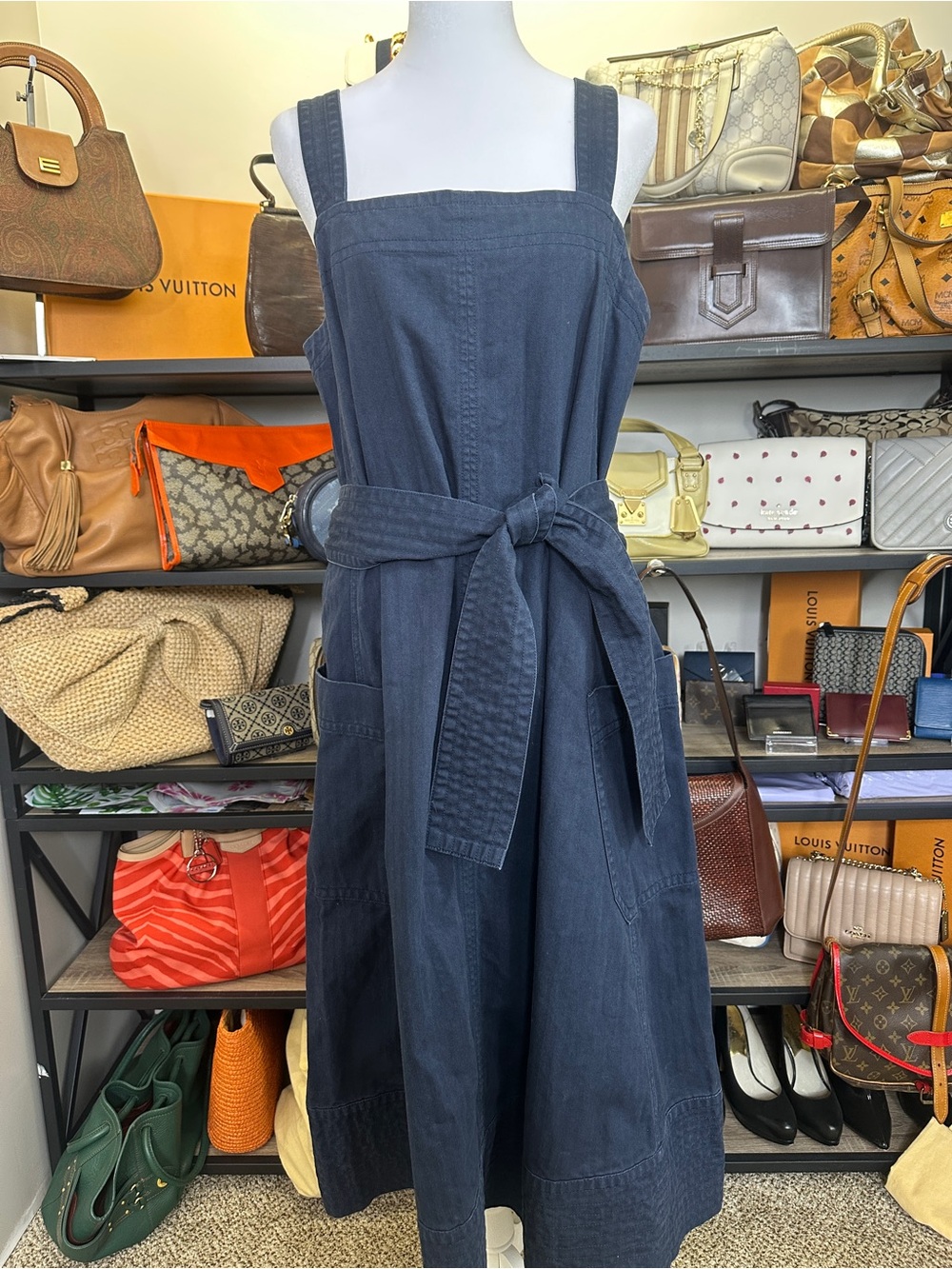 Everlane Denim Square-Neck Tie-Waist Sundress Picnic Dress Size Large - Picture 6 of 9